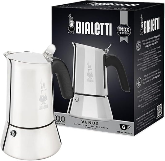 Bialetti - New Venus Induction, Stovetop Coffee Maker, Suitable for all Types of Hobs, Stainless Steel, 6 Cups (7.9 Oz), Silver