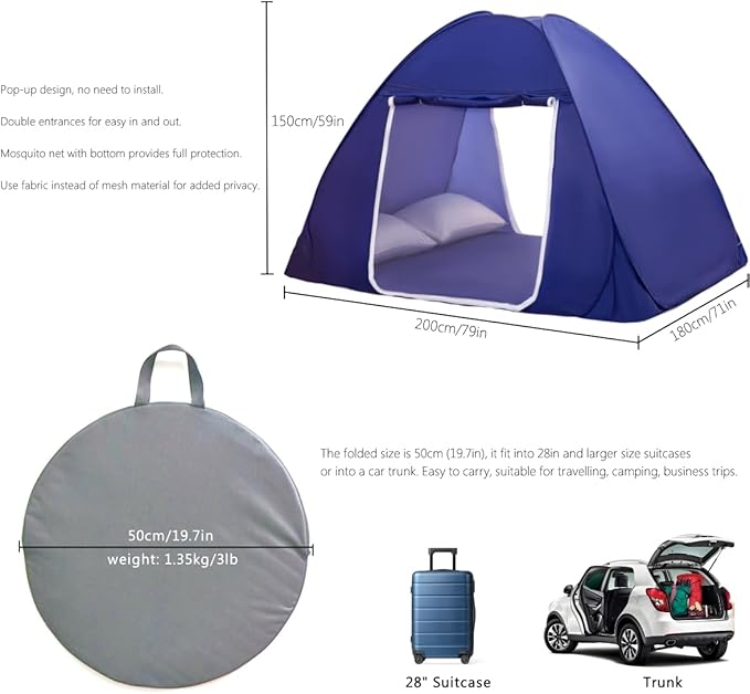 Mosquito Net for Bed, Folded Size 20 inch Portable Camping Travel Mosquito Tent, Pop Up Mosquito Net with Double Entry for King Queen Size Bed (Folded 20 Inch, 71"x79"x59")