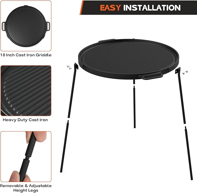 Onlyfire 18" Campfire Grill Griddle, Double Sided Reversible Portable Campfire Grill, Cast Iron Camping Griddle with Handles, 3 Removable & Height Adjustable Legs, Perfect for Grills and Outdoor BBQ
