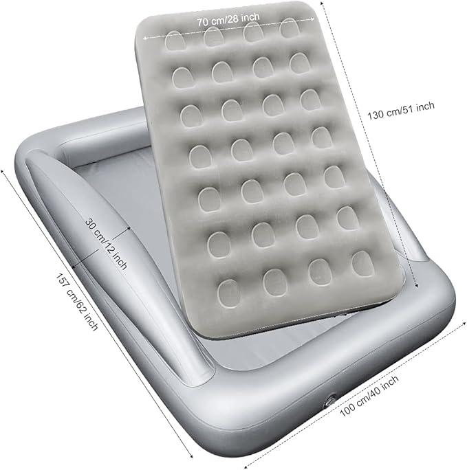 Inflatable Kids Travel Bed Toddler Air Mattress Set,Portable Blow Up Mattress Sleeping Bed Cot with Bed Rails and Electric Pump Ideal for Road Trip