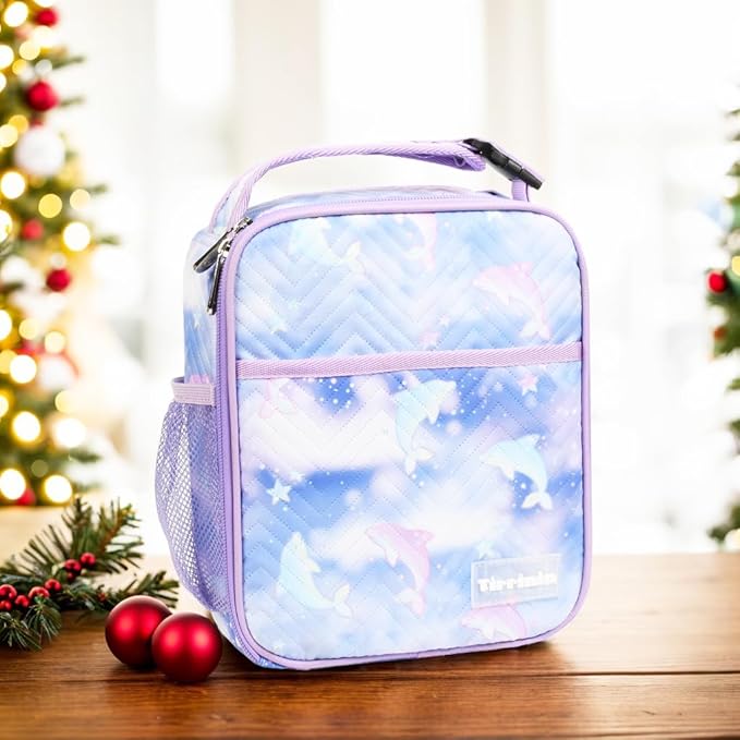 Tirrinia Insulated Lunch Box for Men Women, Portable Thermal Small Lunch Bag for Office Work Picnic, Reusable Compact Lunchbox Cooler Tote for Adults,Purple Dolphin