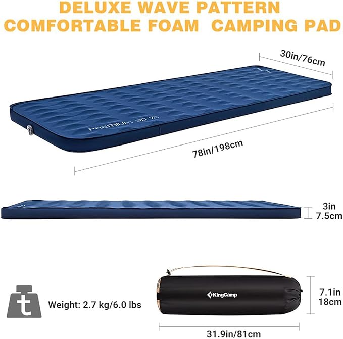 KingCamp Self Inflating Sleeping Pad for Camping Ultra Thick Double Single Foam Mattress High R Value Camping Air Pad Mat, Multi Colors & Sizes