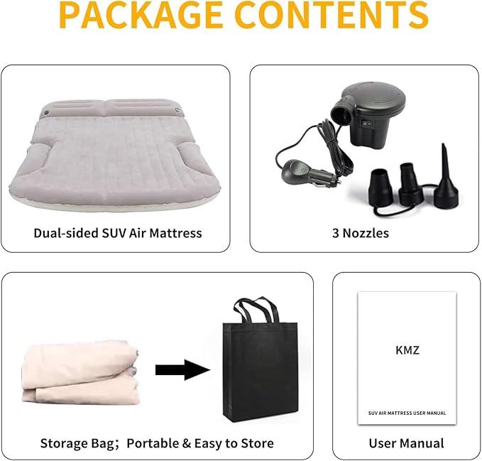 KMZ SUV Air Mattress Thickened and Double-Sided Flocking Travel Camping Bed with 2 Pillows & Electric Pump Dedicated Mobile Cushion Inflatable Bed for SUV Trunk and Rear Seat (Beige and Coffee)