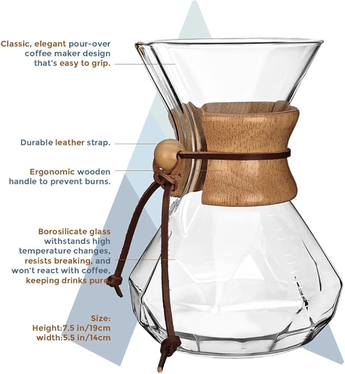AGOGO Pour Over Coffee Maker Glass - 6/8/10 Cup Barista Kit with 304 Stainless Filter for Home, Office, Camping, Cafes - Easy Clean Coffee Dripper Set (Rag&Brush Included) (8 Cup/28 oz-Diamond Shape)