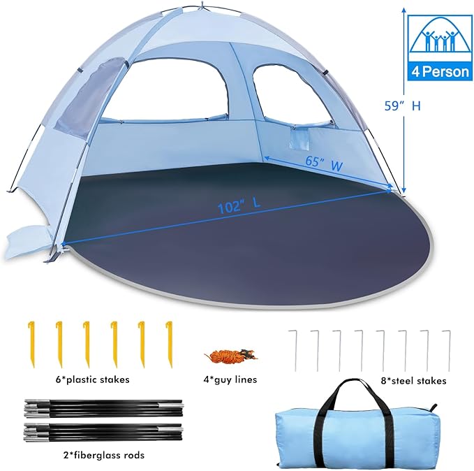 WhiteFang Beach Tent Anti-UV Portable Sun Shade Shelter for 3/4/6/8 Person, Extendable Floor with 3 Ventilating Mesh Windows Plus Carrying Bag, Stakes and Guy Lines