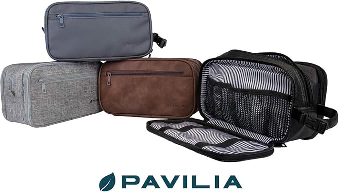 PAVILIA Toiletry Bag for Men, Travel Toiletries Bag | Water-resistant Dopp Kit, PU Leather Shaving Pouch Organizer for Accessories, Cosmetic, Hygiene, Grooming Essentials (Black)