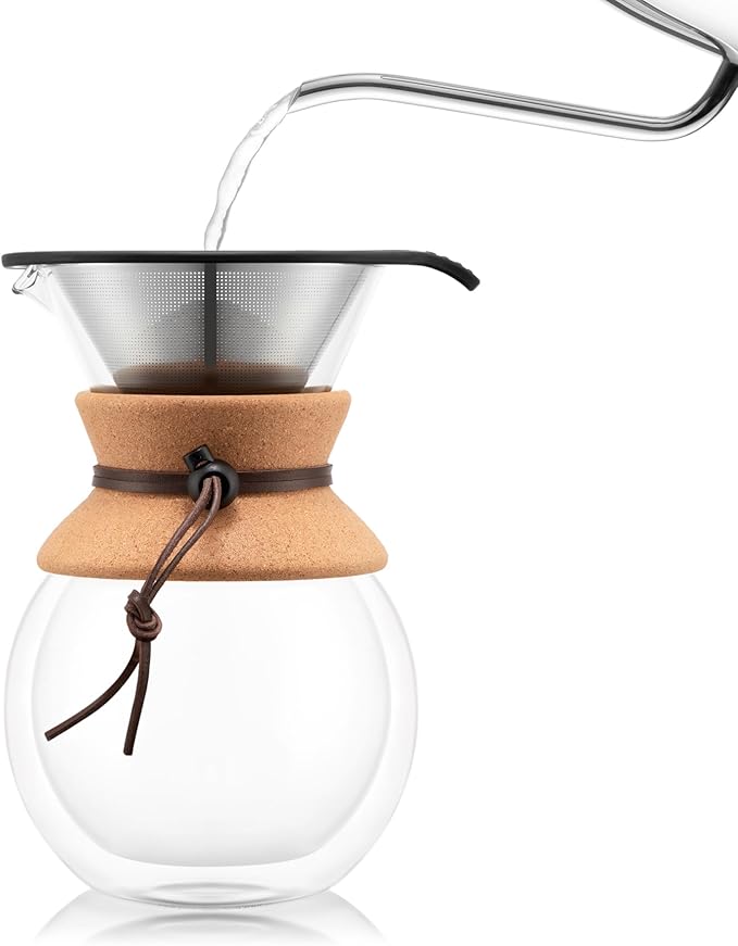 Bodum 34oz Pour Over Coffee Maker, High-Heat Borosilicate Glass with Reusable Stainless Steel Filter and Double Wall Cork Grip - Made in Portugal
