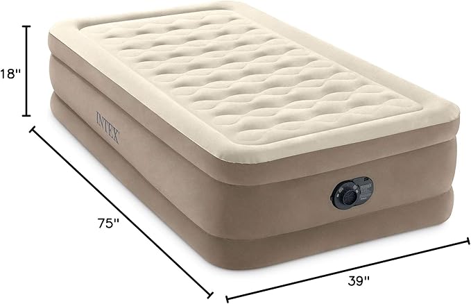 INTEX Dura-Beam Deluxe Ultra Plush Air Mattress : Fiber-Tech – Built-in Electric Pump – 18in Bed Height – 300lb Weight Capacity – Twin Size