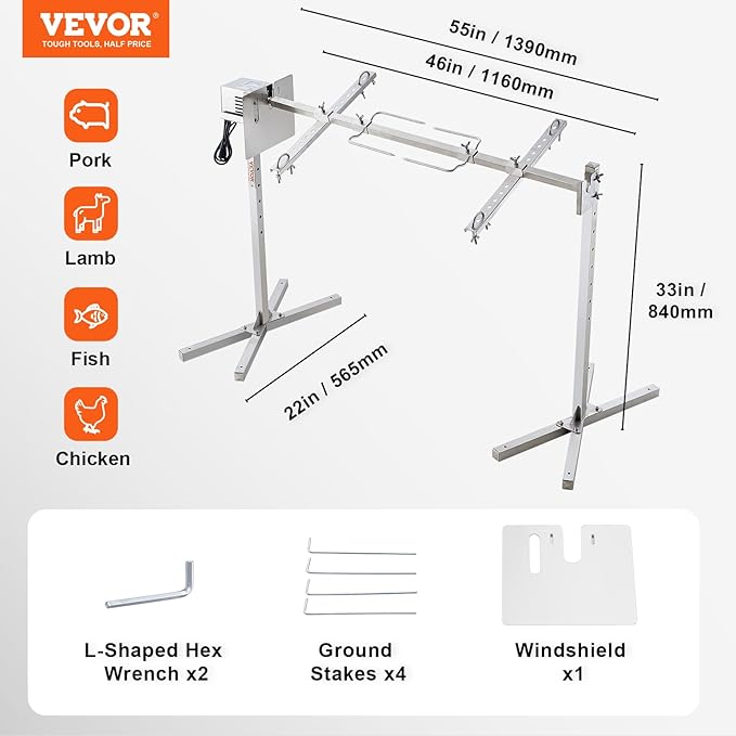 VEVOR Electric BBQ Rotisserie Grill Kit, 46 Inch 90 lbs Capacity, Automatic 42W Motor Height Adjustable Universal Roaster Stand, Stainless Steel Grilling Kit, Spit Rod with Heat Shield for Pig Lamb