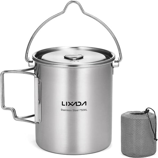 LIXADA Camping Cup Pot,750ml Stainless Steel Water Cup Mug with Foldable Handles and Lid for Outdoor Camping Hiking Backpacking