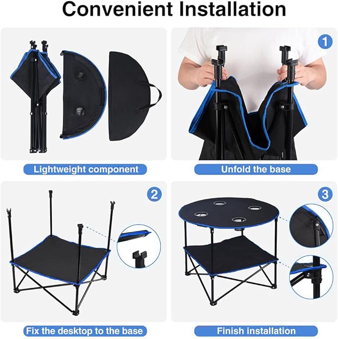 LEADALLWAY Folding Picnic Table Portable Outdoor Camping Table with 4 Cup Holders and Carrying Bags,Collapsible Canvas Travel Table for Outdoor Picnic,Barbecue,Travel,Fishing (Black+Blue)