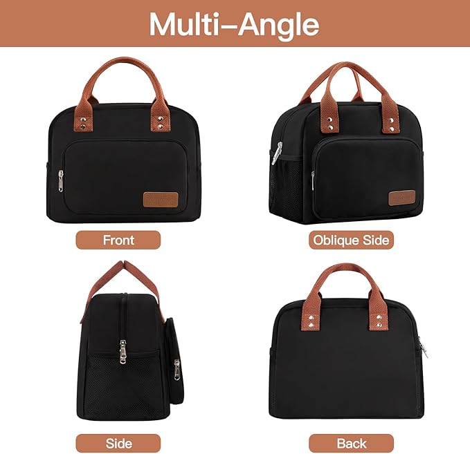 Lunch Bag Women,Insulated Lunch Box Lunch Bag for Women Men Work Adult Cute Small Lunch Tote Bag, Large Capacity Reusable Cooler Containers for Travel Picnic Office or Beach (Black)