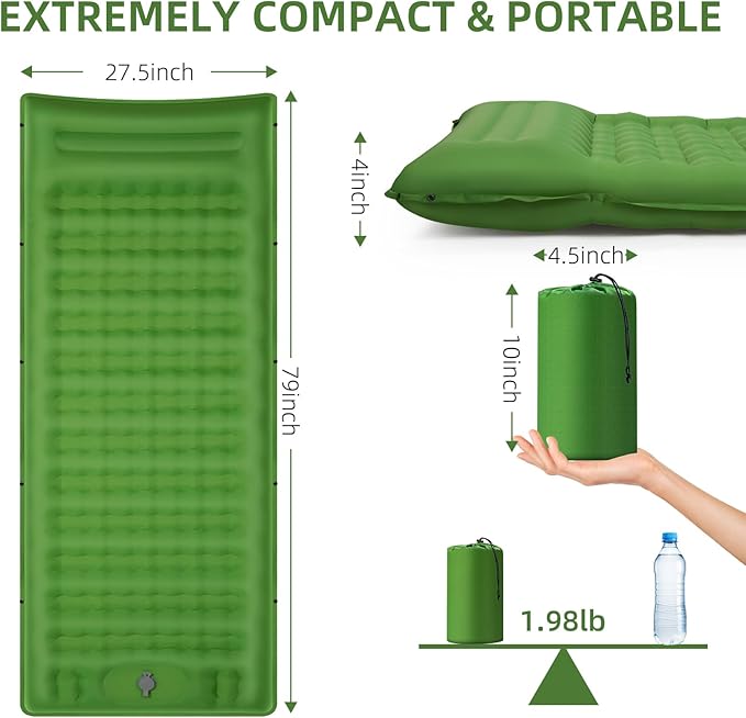 Camping Sleeping Pad, Extra Thick 5 Inch Camping Mat with Pillow Built-in Foot Pump Inflatable Sleeping Pads Compact for Camping Backpacking Hiking Traveling Tent(Green)