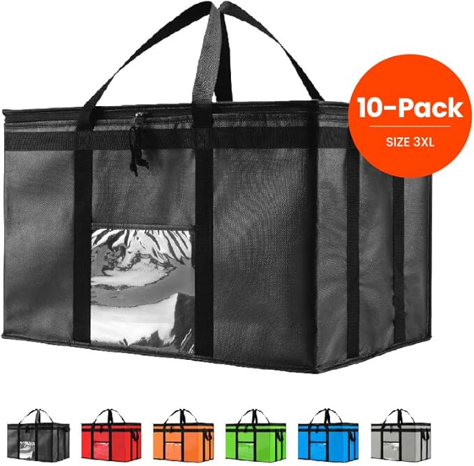 NZ home Insulated Cooler Bag and Food Warmer (3XL, 10-Pack) for Delivery & Grocery Shopping with Zippered Top, Black