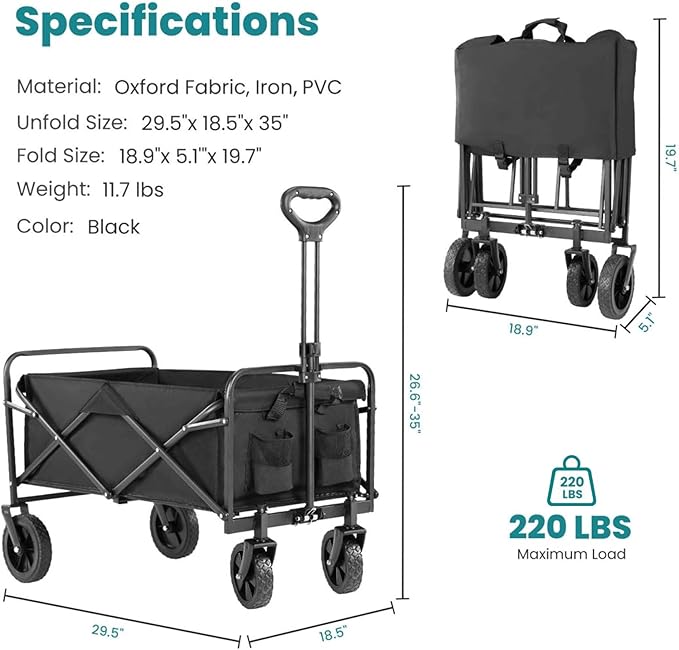 220 Lbs Collapsible Wagon, Large Capacity Beach Wagon with All-Terrain Wheels for Sand, Foldable Heavy Duty Utility Wagon Carts with Drink Holders for Shopping Sports Camping - 30 Inch