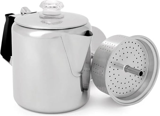 GSI Outdoors Percolator Coffee Pot I Glacier Stainless Steel with Silicone Handle for Camping, Backpacking, Travel, RV & Hunting - Stove Safe