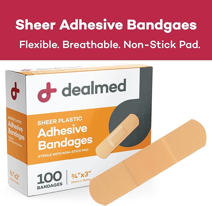 Dealmed Sheer Plastic Flexible Adhesive Bandages – 100 Count (24 Pack) Bandages with Non-Stick Pad, Latex Free, Wound Care for First Aid Kit, 3" x 3/4"