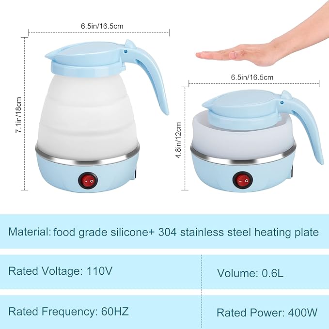 Travel Foldable Electric Kettle, Portable Kettle for Fast Water Boiling Tea Coffee, with 1 Collapsible Bowl and 2 Cups, Food Grade Silicon, 600ML 110V