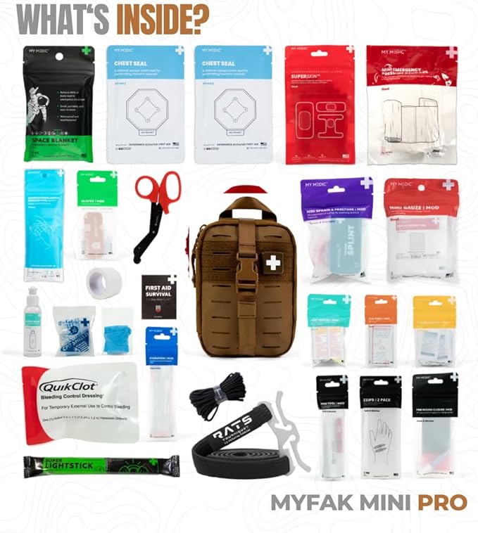 My Medic MyFak Mini Pro First Aid Kit - Small and Lightweight for Camping Hiking and Backpacking - 70 Items IFAK with Tourniquet - HSA/FSA Eligible Great for Travel - Coyote
