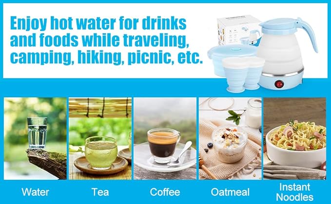 Travel Foldable Electric Kettle, Portable Kettle for Fast Water Boiling Tea Coffee, with 1 Collapsible Bowl and 2 Cups, Food Grade Silicon, 600ML 110V