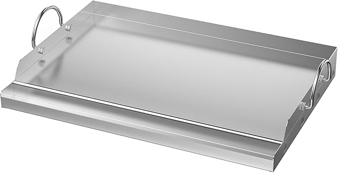 only fire Universal Stainless Steel Cooking Griddle, Flat Top Plate Insert with Grease Groove and Handles for Gas and Charcoal Grills, Tailgating, Camping and Parties, 23" x 16"