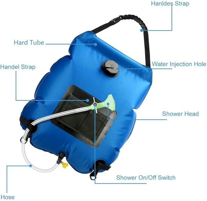 Solar Shower Bag | 5 Gal/20L Solar Heating Camping Shower Bag | Removable Hose | On-Off Switchable Shower Head | Ducha Portatil | Traveling Shower | Portable Shower for Beach Swimming, Hiking