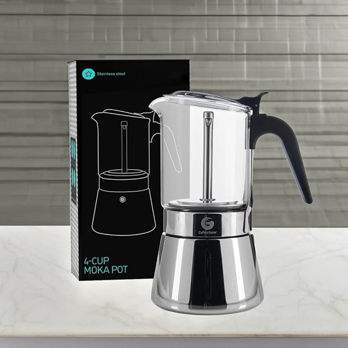 Coffee Gator 4 Cup Moka Pot, 6.7oz Stovetop Espresso Maker for Italian Coffee, Transparent Glass & Stainless Steel Design, Silver, 200ml