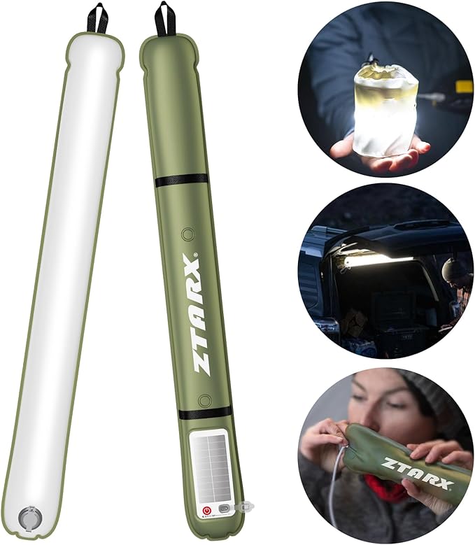 Solar/Type-C Rechargeable Camping Light Bar, IP66 Waterproof LED Tube, TPU Ultralight Electric Light, 2000mAh Foldable Inflatable Outdoor Tent Light for Camping, Hiking, Traveling, Party (Green 2 PCS)