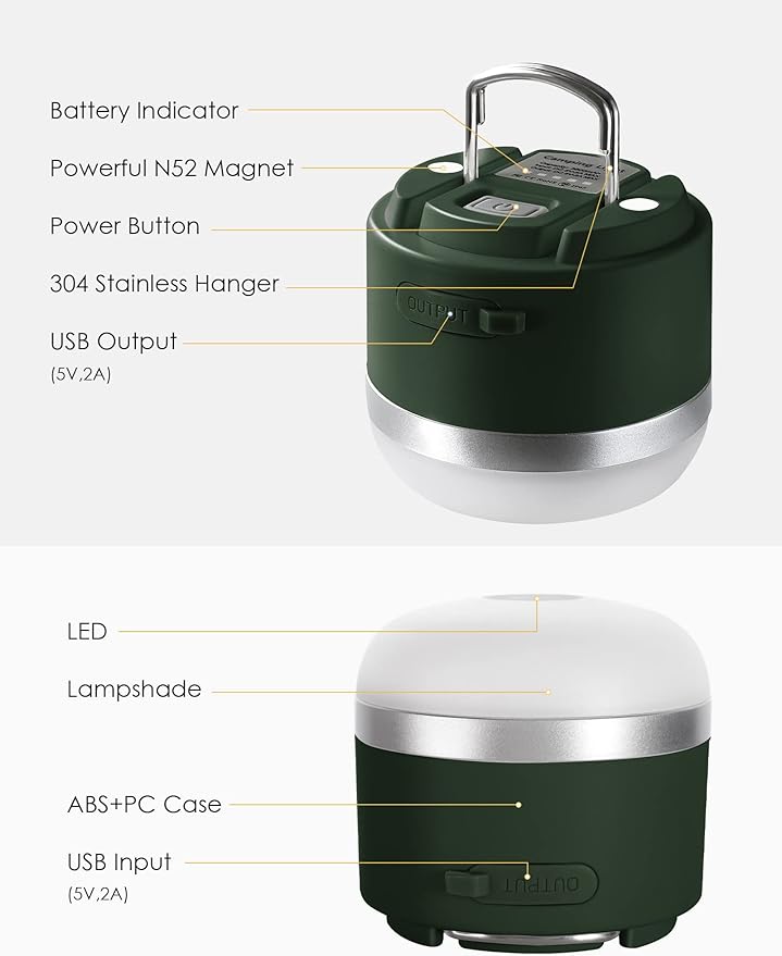 Joyzy Rechargeable LED Camping Lantern, 600lm, 3600mAh, Mini Hanging Light for Outdoor, Fishing, Car or House Emergency Kit (Green)