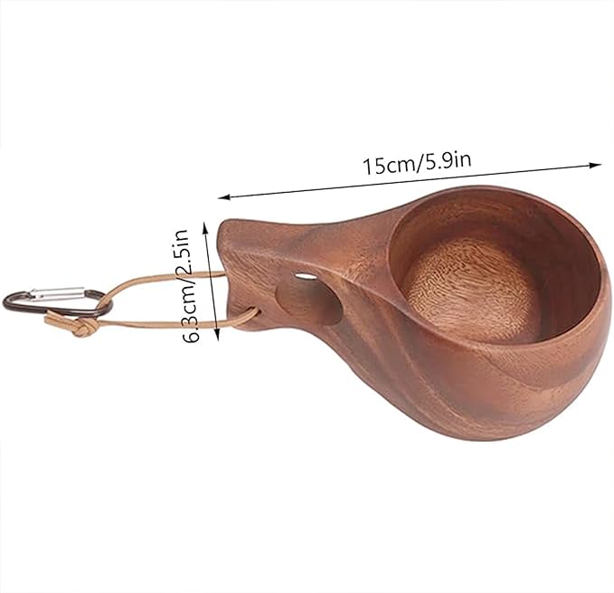 Camping Mug for Kuksa, Wooden Cup Camping Essentials Wood Cup Also Essential Equipment for Bushcraft Gear Made by Traditional Hand Carving and Equipped with Hanging Rope and aHandle(Light Brown)
