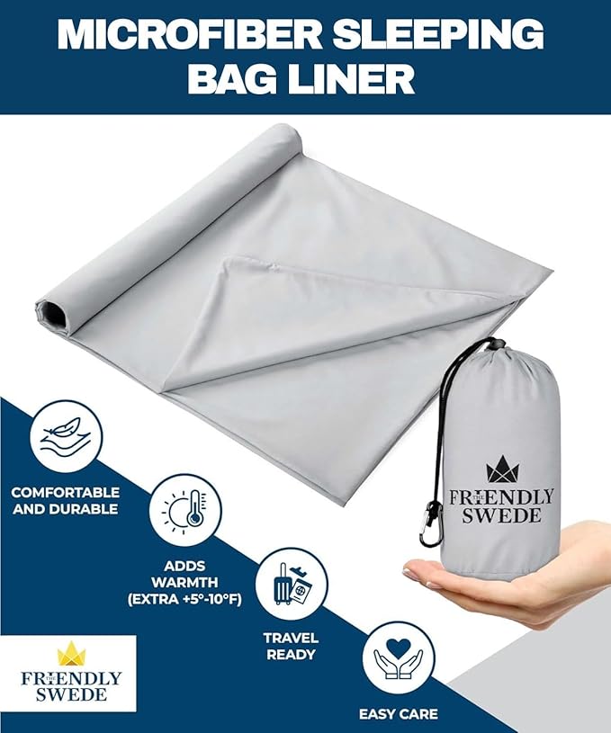 The Friendly Swede Sleeping Bag Liner — Ultralight Polyester or Cold Weather Microfiber Adult Sleep Sack; Thin Travel Sheets for Hotel; Camping Sheets; Travel Sleeping Bag with Pocket-Size Stuff Sack