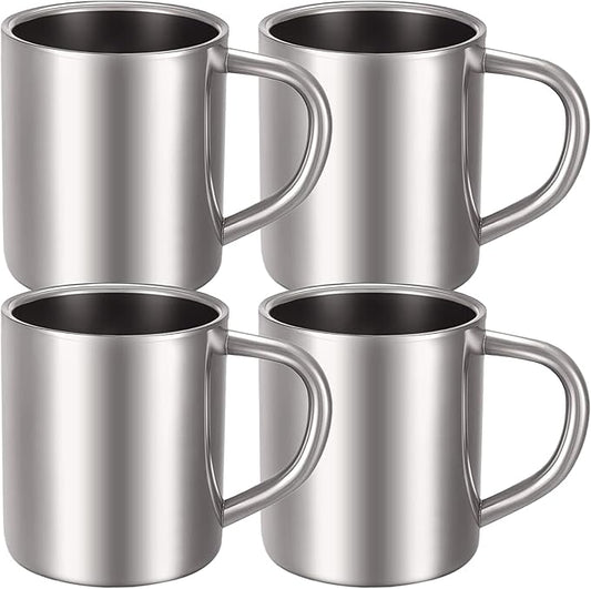 Cunhill 4 Set 10oz/300ml Stainless Steel Coffee Mug with Handle Metal Double Walled Cups Camping Mug Dishwasher Safe Tea Cups for Home Camping Travel Outdoors RV Keep Drinks Hot