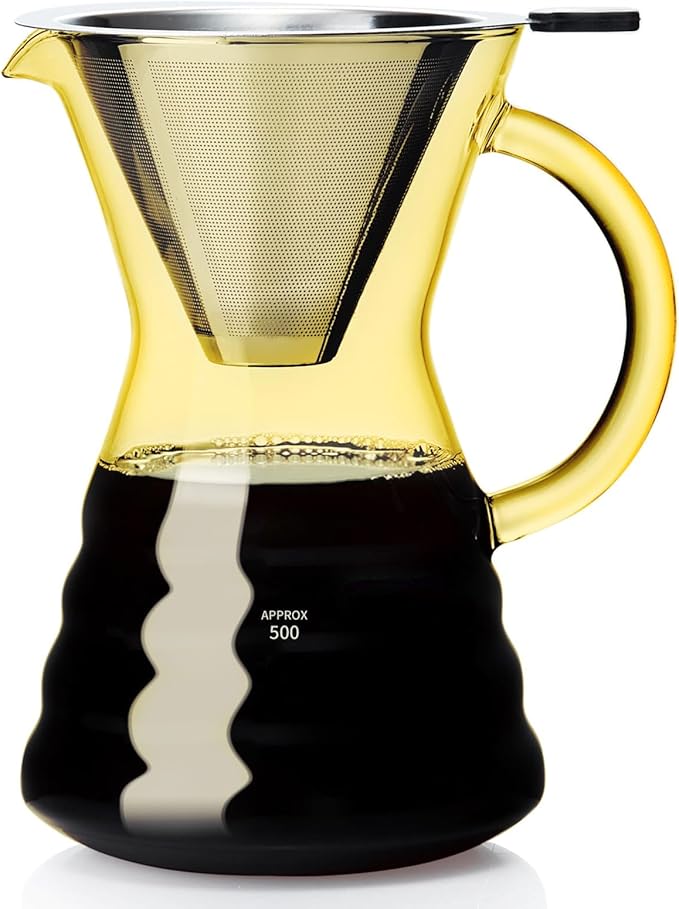 Unbreakable - Pour Over Coffee Maker with Permanent Stainless Filter 27 fl oz, Thickened Heat-Resistant Borosilicate Glass Dripper Coffee Brewer, Stovetop Safe, Yellow