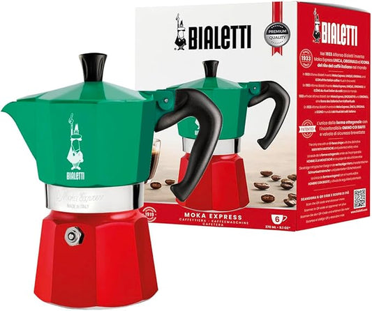 Bialetti - Moka Express Italia Collection: Iconic Stovetop Espresso Maker, Makes Real Italian Coffee, Moka Pot 6 Cups (9 Oz - 270 Ml), Aluminium, Colored in Red Green Silver