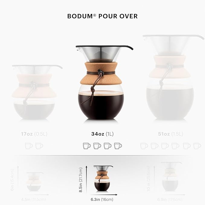 Bodum 34oz Pour Over Coffee Maker, High-Heat Borosilicate Glass with Reusable Stainless Steel Filter and Cork Grip - Made in Portugal