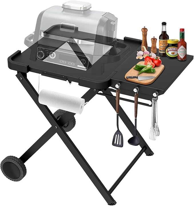 Apromise Grill Stand for Ninja Woodfire OG700/OG800/OG900 Series, Pro XL, and OO101 Pizza Oven, Compatible with Blackstone 17" Griddle, Portable Outdoor Grill Table with Wheels & Side Shelf