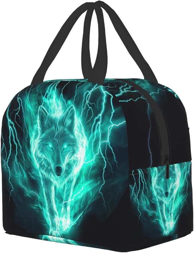 Giwawa Wolf Lunch Bag Fire Animal Print Lightning Insulated Kids Lunch Box Reusable Thermal Cooler Lunch Tote Bag Food Container for Teens Adults Girls Boys School Men Women Travel