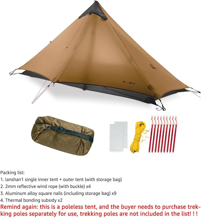 3F UL Gear Lanshan1 Ultralight Tent 3/4 Season Portable Backpacking Tent for 1-Person 15D Silicon Coated Waterproof Poleless Double Layer Tent for Camping, Climbing, Hiking