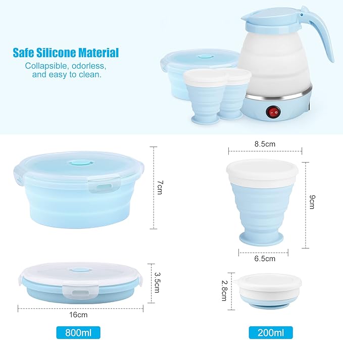Travel Foldable Electric Kettle, Portable Kettle for Fast Water Boiling Tea Coffee, with 1 Collapsible Bowl and 2 Cups, Food Grade Silicon, 600ML 110V