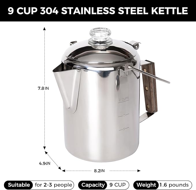 KingCamp Percolator Coffee Pot Campfire Coffee Boiler Kettle 304 Stainless Steel with Wood Handle for Outdoor Camping Cookware, Cabin, RV, Kitchen, Hunting & Backpacking, NO Aluminum or Plastic 9 Cup