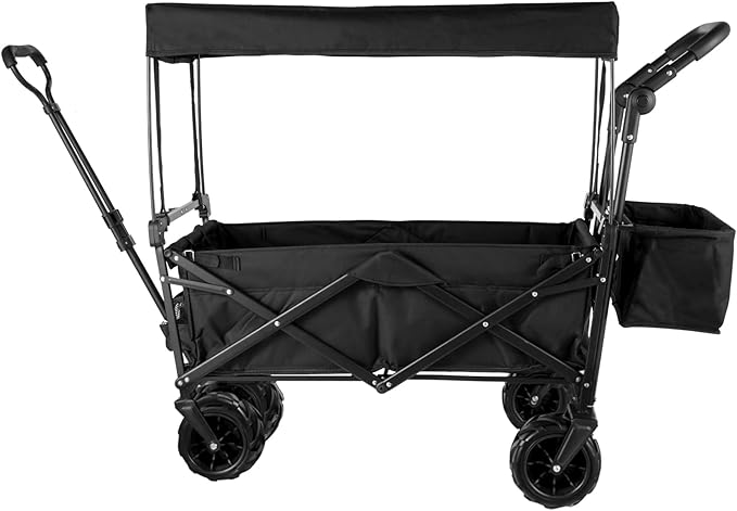 Happbuy Extra Large Collapsible Garden Cart with Removable Canopy, Folding Wagon Utility Carts with Wheels and Rear Storage, Wagon Cart for Garden, Camping, Grocery Cart, Shopping Cart, Black