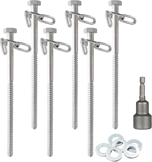 6pcs 3/8 x 12 inch Heavy Duty Camping Ground Anchors, Non-Rust Tent Stakes Screw in Kit for Securing Animals, Trampoline, Carports, Canopies, Sheds, Swing Sets, Ground Anchors for High Winds