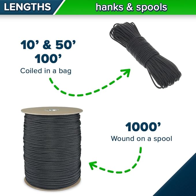 Paracord Planet 550 Paracord – 200+ Colors – Hanks from 10-100 Feet and Spools of 1000 Feet – Great Multi-Use Cord!