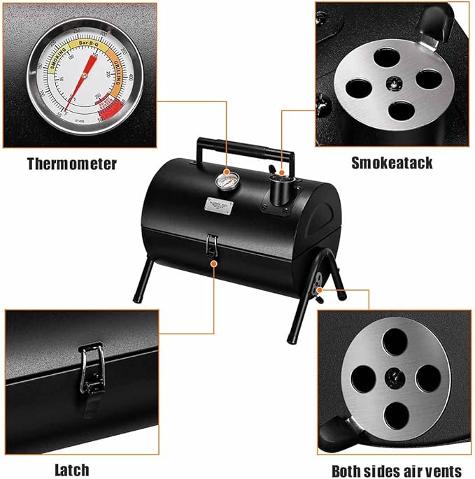 MAISON HUIS Adjustable Portable Charcoal Grill Multi-functional Metal Small BBQ Smoker for Outdoor Hiking(Black)