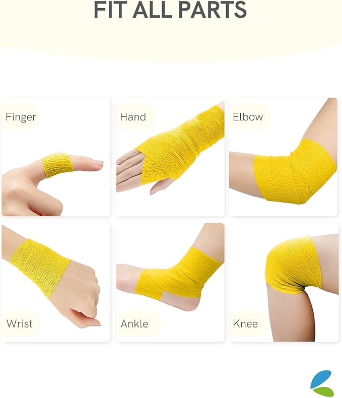 FriCARE Self Adhesive Bandage Wrap, Medical Tape in First Aid Kit, Cohesive Bandages for Wounds Sport Vet, FSA/HSA Eligible, 2 Inches X 5 Yards 6 Rolls, Yellow