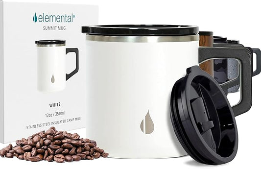Elemental Insulated Coffee Mug - Triple-Wall Stainless Steel Summit Travel Cup for Hot and Cold Drinks - Thermal Coffee Mug with Lid and Handle for Camping, Office & Travel 12oz - White