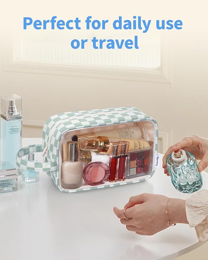 Narwey Checkered Clear Makeup Bag Cosmetic Bag with Zipper for Travel, Clear Toiletry Bags for Traveling Toiletries Women Men, Make Up Pouch with Handle, Skincare Bag (Mint Green Checkerboard)