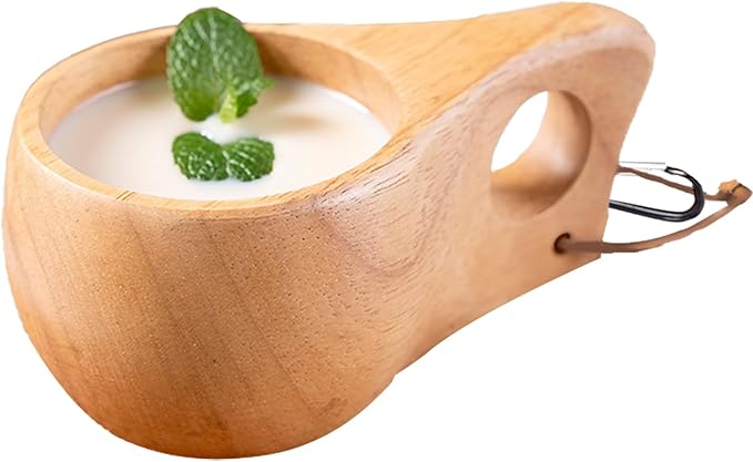 Wood Cup for Kuksa, Camping Mugs Essential Equipment for Bushcraft Gear Also Camping Essentials Wooden Cup Made by Traditional Hand Carving and Equipped with Hanging Rope and aHandle(Beige)
