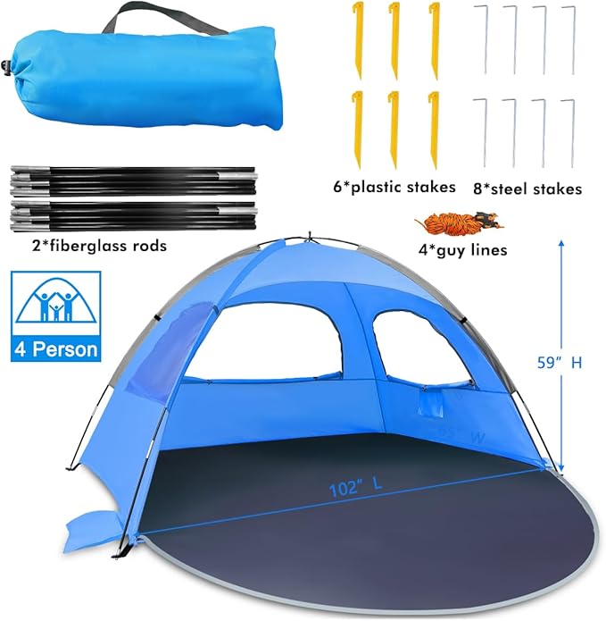 NXONE Beach Tent Sun Shade Shelter for 4 Person with UV Protection, Extended Floor, 3 Mesh Roll Up Windows & 8.5mm Fiberglass Rods丨Carry Bag Included (Sky Blue)