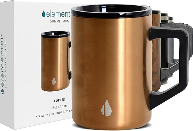 Elemental Insulated Coffee Mug - Triple-Wall Stainless Steel Summit Travel Cup for Hot and Cold Drinks - Thermal Coffee Mug with Lid and Handle for Camping, Office & Travel 16oz - Copper
